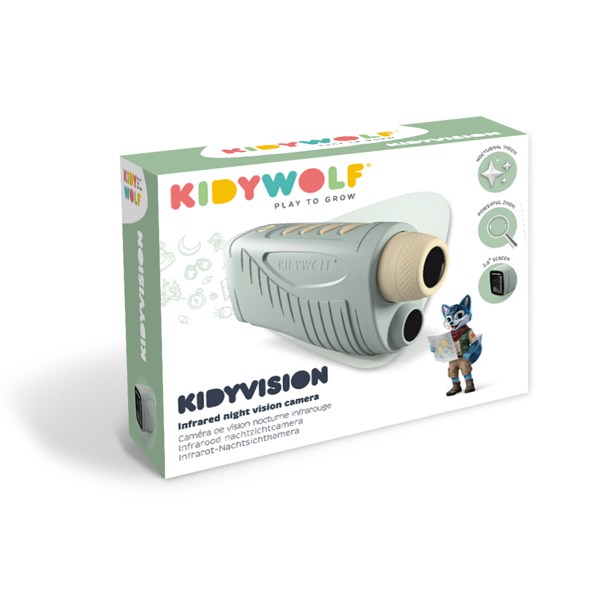 Packaging for the "Kidywolf Kidyvision" infrared night vision camera. Features playful design, colorful logo, and cartoon wolf holding a map, conveying exploration.