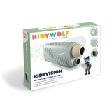 Packaging for the "Kidywolf Kidyvision" infrared night vision camera. Features playful design, colorful logo, and cartoon wolf holding a map, conveying exploration.