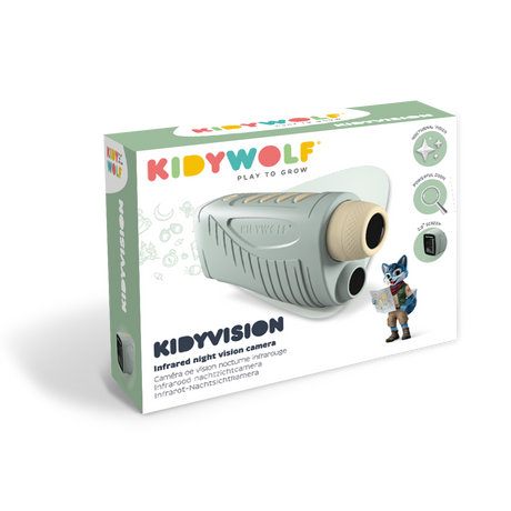 Packaging for the "Kidywolf Kidyvision" infrared night vision camera. Features playful design, colorful logo, and cartoon wolf holding a map, conveying exploration.
