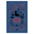 Silhouette of a girl on a broomstick with a cat, flying over whimsical town buildings, surrounded by swirling clouds. Text: "Kiki's Delivery Service."