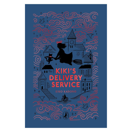 Silhouette of a girl on a broomstick with a cat, flying over whimsical town buildings, surrounded by swirling clouds. Text: "Kiki's Delivery Service."