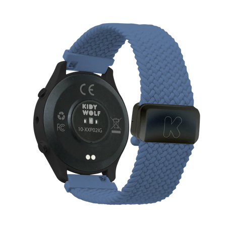 Back view of a black Kidywolf smartwatch with a blue braided fabric strap and a black clasp.