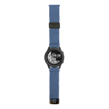 A black smartwatch with a blue braided strap and an astronaut watch face on a white background.