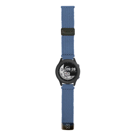 A black smartwatch with a blue braided strap and an astronaut watch face on a white background.