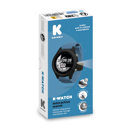 Blue Kidywolf K-Watch interactive smartwatch packaging box featuring a black digital watch with an astronaut.