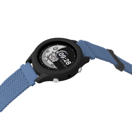 A black smartwatch with a blue woven strap showing an astronaut watch face.