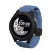 A black smartwatch with a blue braided strap, displaying an astronaut on a crescent moon watch face.