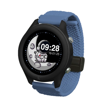A black smartwatch with a blue braided strap, displaying an astronaut on a crescent moon watch face.