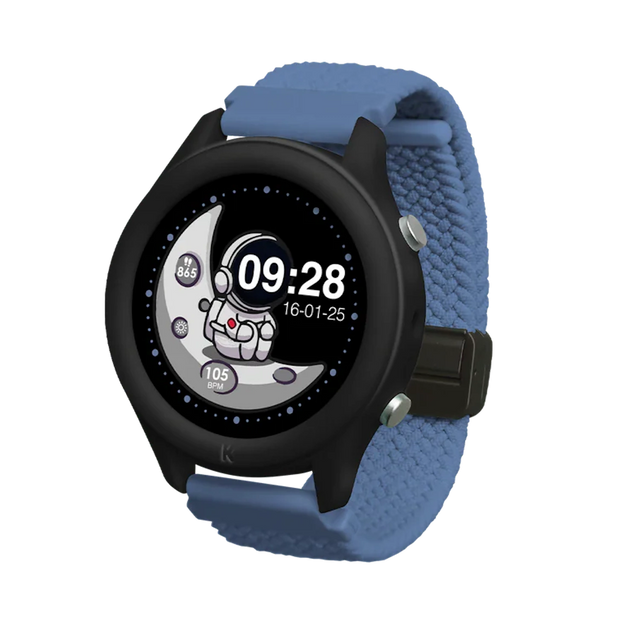 A black smartwatch with a blue braided strap, displaying an astronaut on a crescent moon watch face.