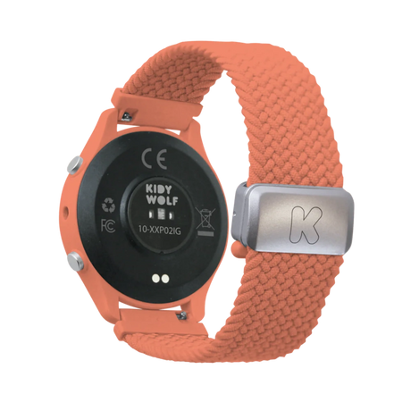 Back view of a coral pink smartwatch with a black sensor base and a braided fabric strap featuring a silver clasp.
