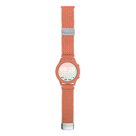 A coral-colored smartwatch with a braided strap, displaying a digital clock and fitness metrics.