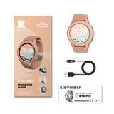 Kidywolf K-Watch interactive smartwatch in coral pink with its box, charging cable, and quick start guide.
