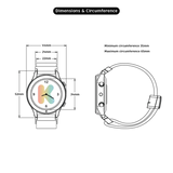 Technical drawing showing the case dimensions and strap circumference details of a smartwatch.
