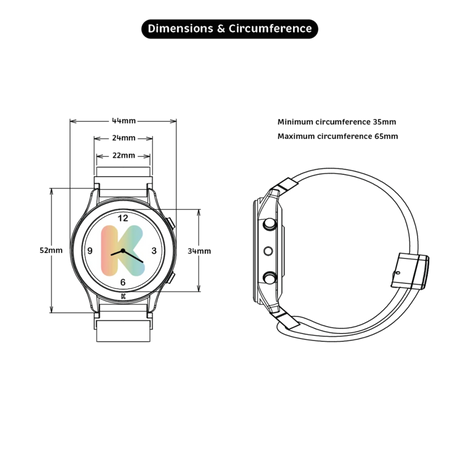 Technical drawing showing the case dimensions and strap circumference details of a smartwatch.