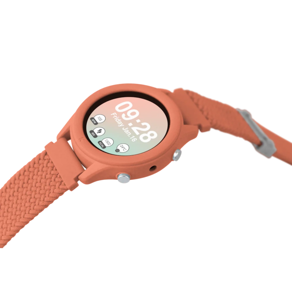 A coral-colored smartwatch with a woven strap showing the time and fitness metrics on a white background.
