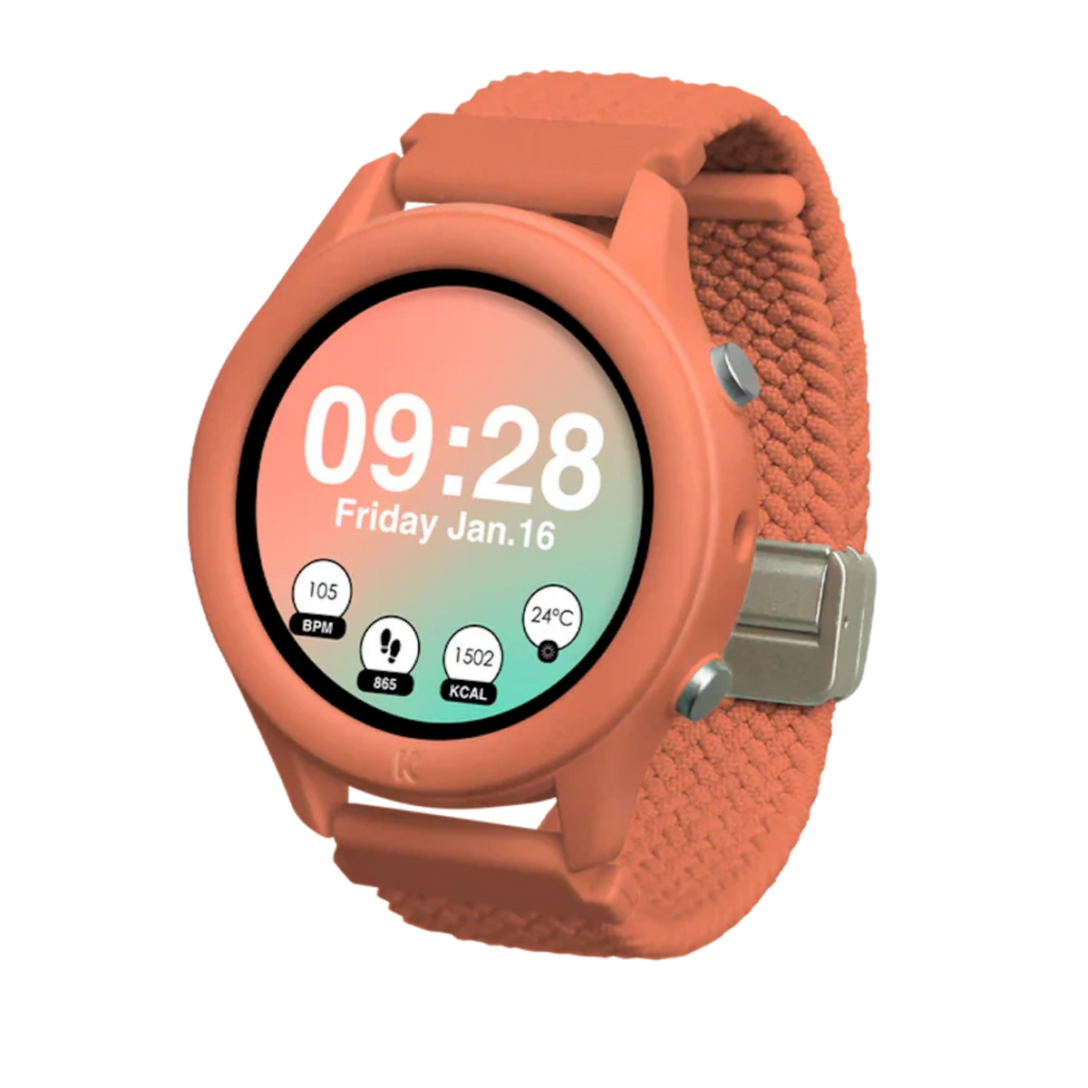 A coral-colored smartwatch with a woven strap displaying time, date, and fitness metrics on its screen.