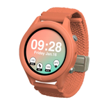 A coral-colored smartwatch with a woven strap displaying time, date, and fitness metrics on its screen.