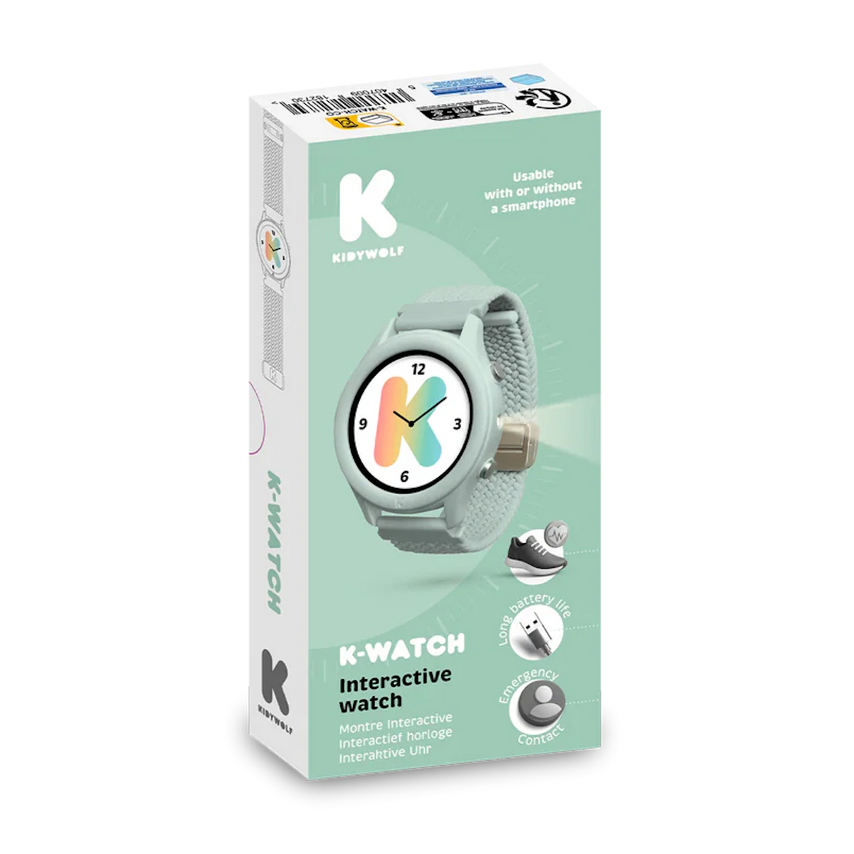 Product packaging for the Kidywolf K-Watch, a light green interactive smartwatch for kids.