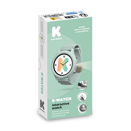 Product packaging for the Kidywolf K-Watch, a light green interactive smartwatch for kids.