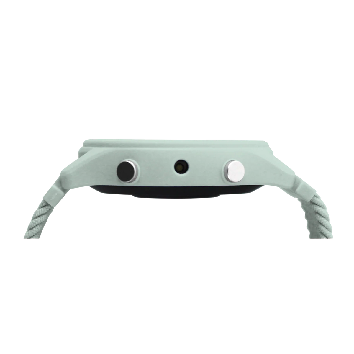 Side profile of a light green smartwatch showing two side buttons and a central sensor.