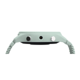 Side profile of a light green smartwatch showing two side buttons and a central sensor.