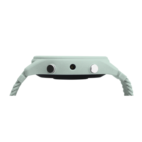 Side profile of a light green smartwatch showing two side buttons and a central sensor.