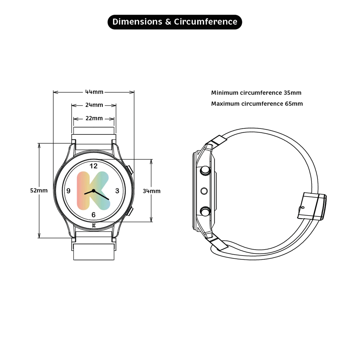 Diagram showing the dimensions and circumference of a smartwatch from the front and side views.