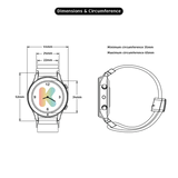 Diagram showing the dimensions and circumference of a smartwatch from the front and side views.