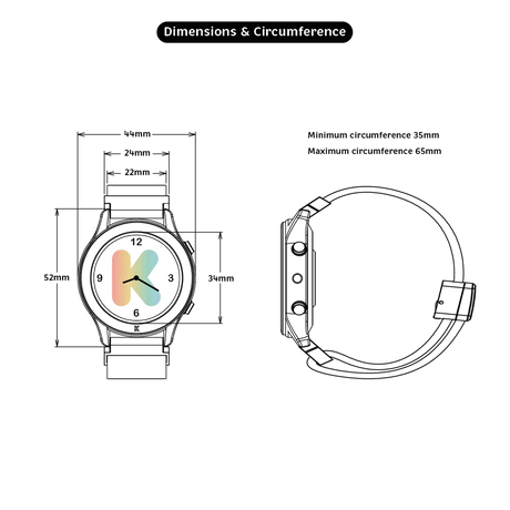 Diagram showing the dimensions and circumference of a smartwatch from the front and side views.