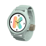 A light green smartwatch with a woven strap and a watch face featuring a colorful gradient letter K.
