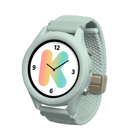 A light green smartwatch with a woven strap and a watch face featuring a colorful gradient letter K.
