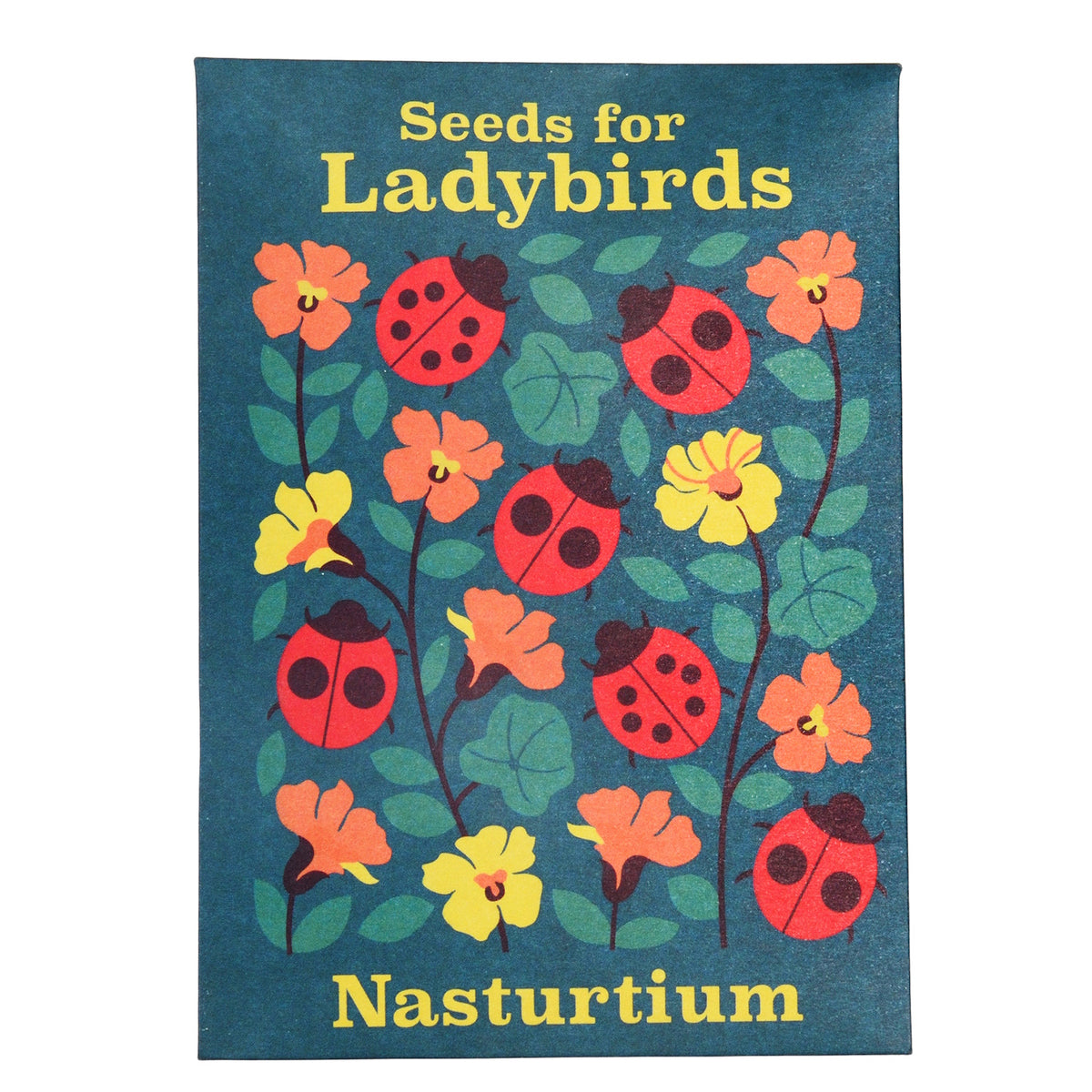 Floral packet for Nasturtium seeds for ladybirds with red ladybugs and orange flowers on a dark teal background.