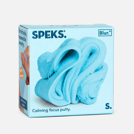 Light-blue box for Speks Blur calming focus putty featuring a swirled sky-blue putty graphic.