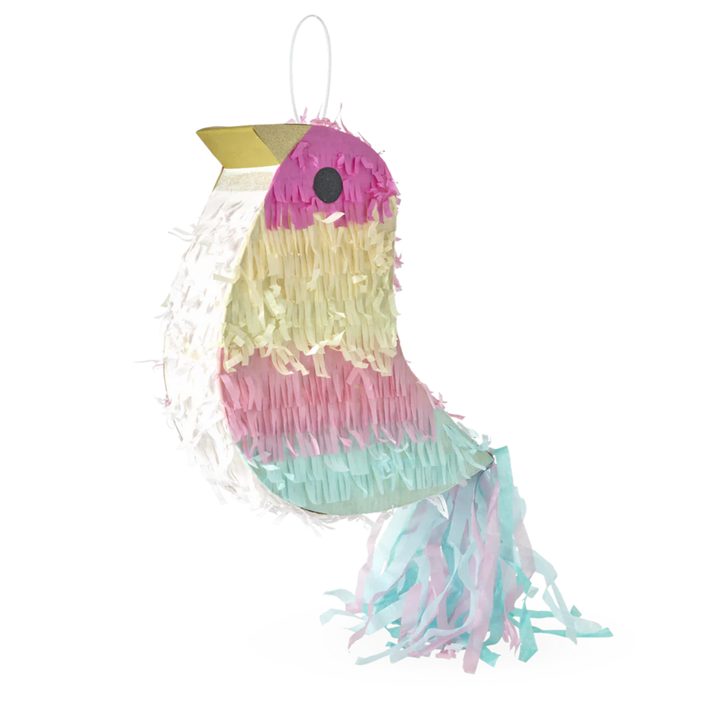 Colorful bird-shaped piñata with pastel fringe in pink, yellow, and blue, set against a white background. It exudes a playful, festive tone.