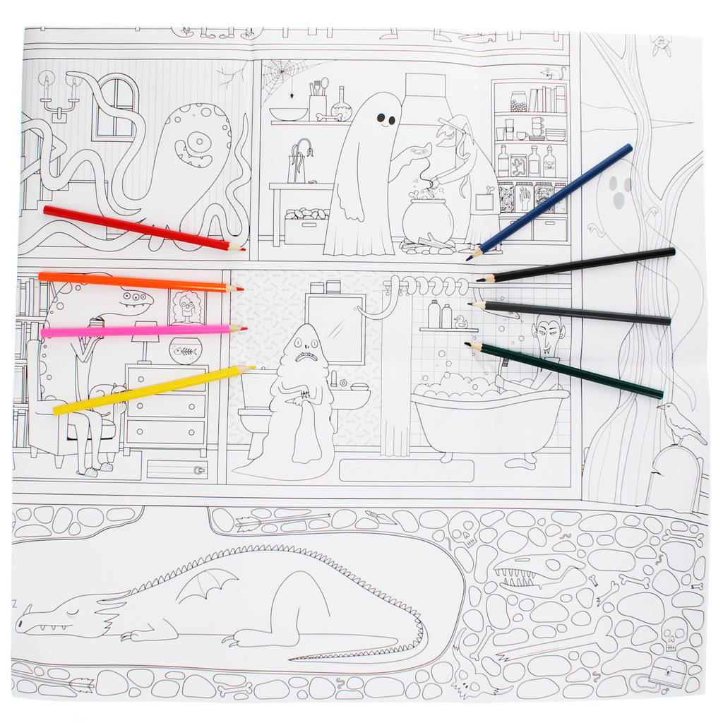 A black and white coloring page featuring cartoonish monsters in a house setting. Includes colored pencils and depicts friendly, whimsical scenes.
