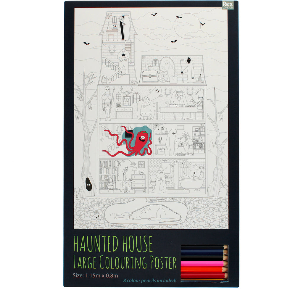 Black-and-white poster of a whimsical haunted house featuring ghosts, bats, and a red octopus in colorful contrast. Text reads "Haunted House Large Colouring Poster". Includes 8 colored pencils at the bottom.