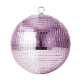 A pink disco ball with reflective square tiles, hanging against a white background. The tiles shimmer, conveying a fun, festive atmosphere.