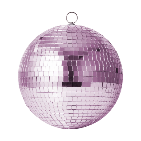 A pink disco ball with reflective square tiles, hanging against a white background. The tiles shimmer, conveying a fun, festive atmosphere.