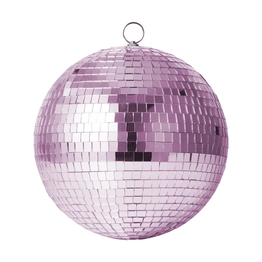A pink disco ball with reflective square tiles, hanging against a white background. The tiles shimmer, conveying a fun, festive atmosphere.