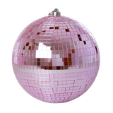 A pink disco ball with reflective square tiles, hanging against a white background. The tiles shimmer, conveying a fun, festive atmosphere.