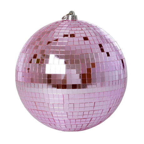 A pink disco ball with reflective square tiles, hanging against a white background. The tiles shimmer, conveying a fun, festive atmosphere.