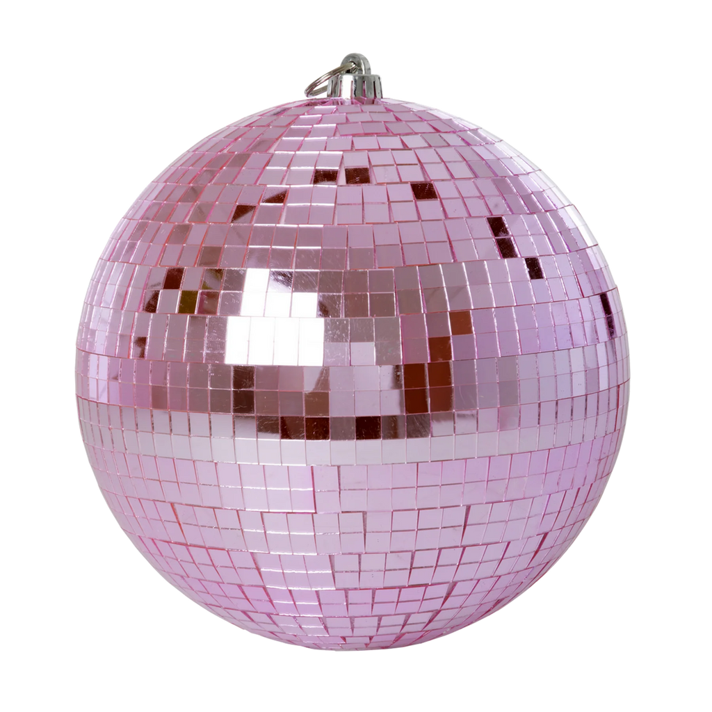 A pink disco ball with reflective square tiles, hanging against a white background. The tiles shimmer, conveying a fun, festive atmosphere.