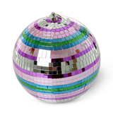 A vibrant disco ball ornament with colorful horizontal stripes of purple, pink, blue, and green. It reflects light against a white background.