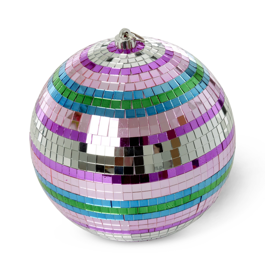 A vibrant disco ball ornament with colorful horizontal stripes of purple, pink, blue, and green. It reflects light against a white background.