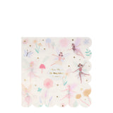 Pack of white paper napkins with scalloped edges, featuring a colorful fairy and floral illustration.