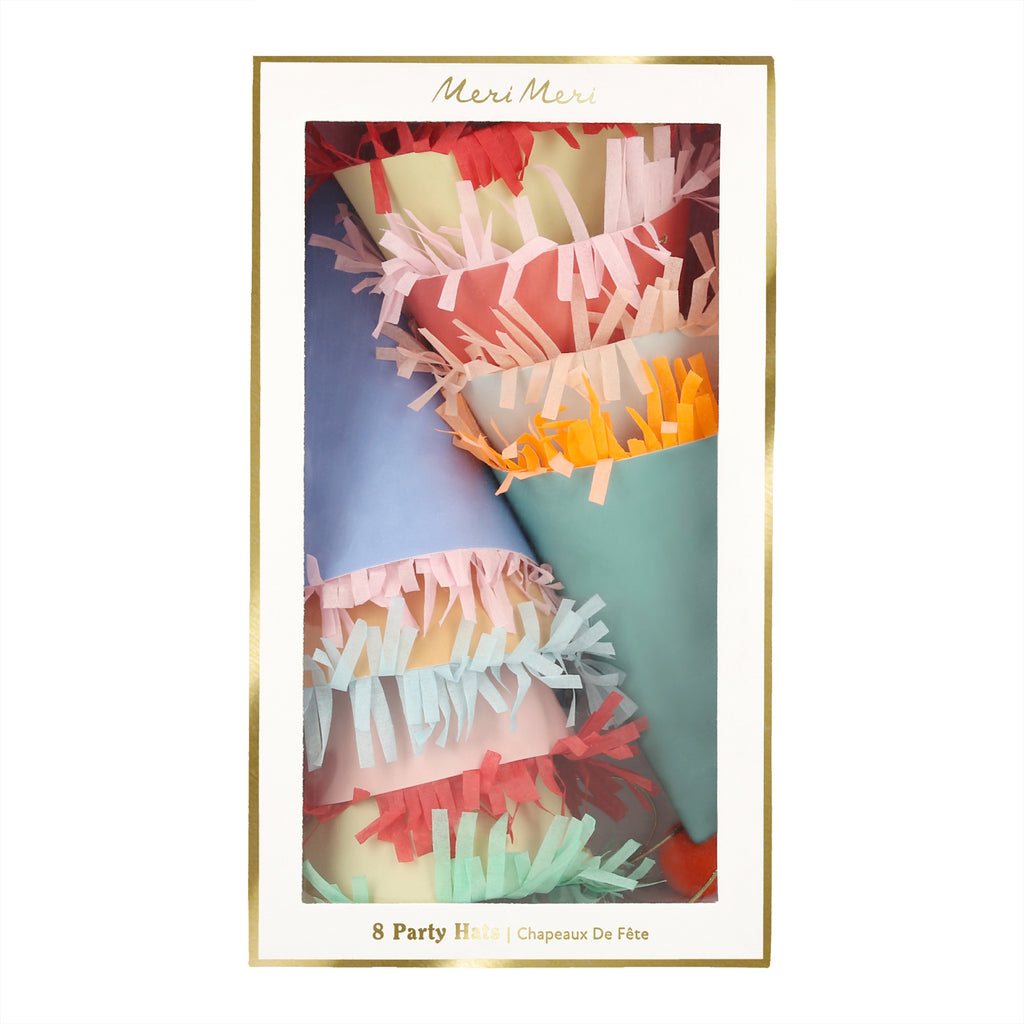 A set of colorful cone-shaped hats with fun patterns and pom-pom tops, perfect for birthdays and festive celebrations.