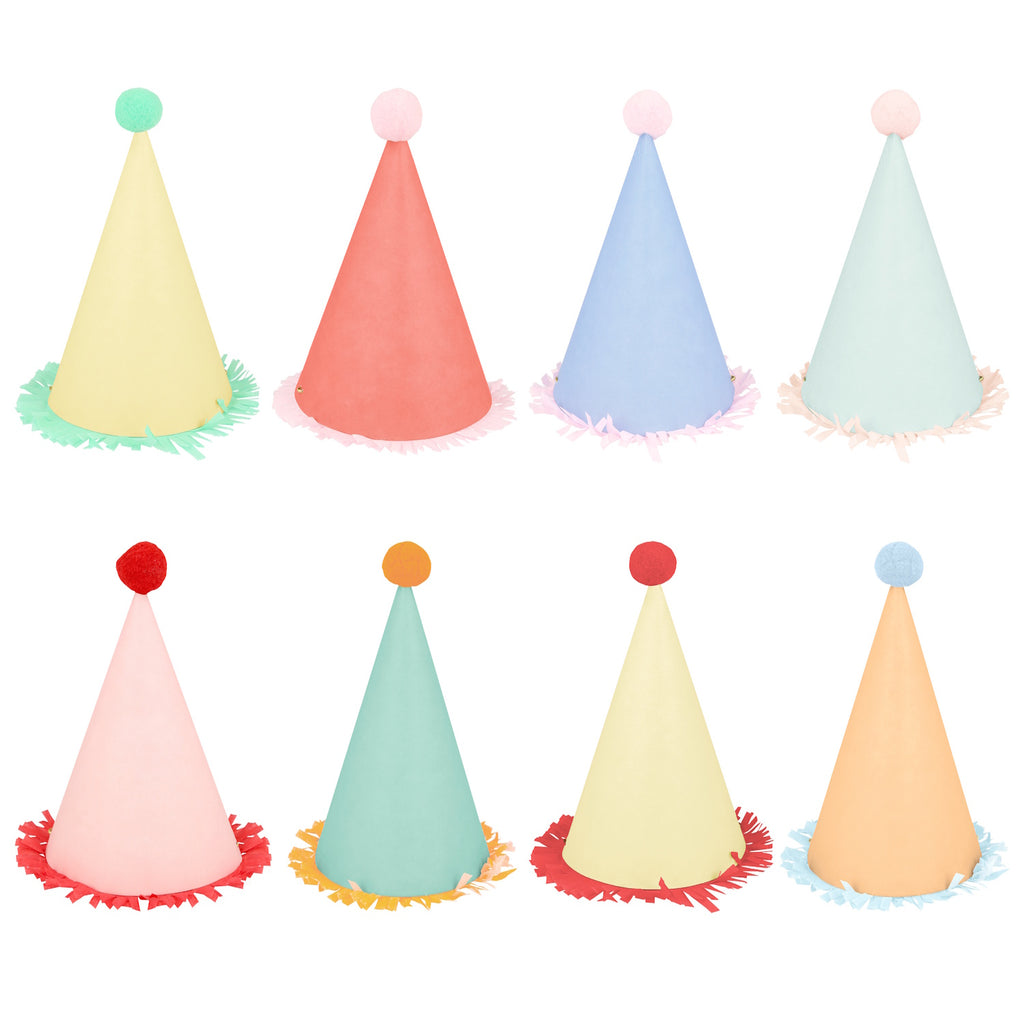 A set of colorful cone-shaped hats with fun patterns and pom-pom tops, perfect for birthdays and festive celebrations.