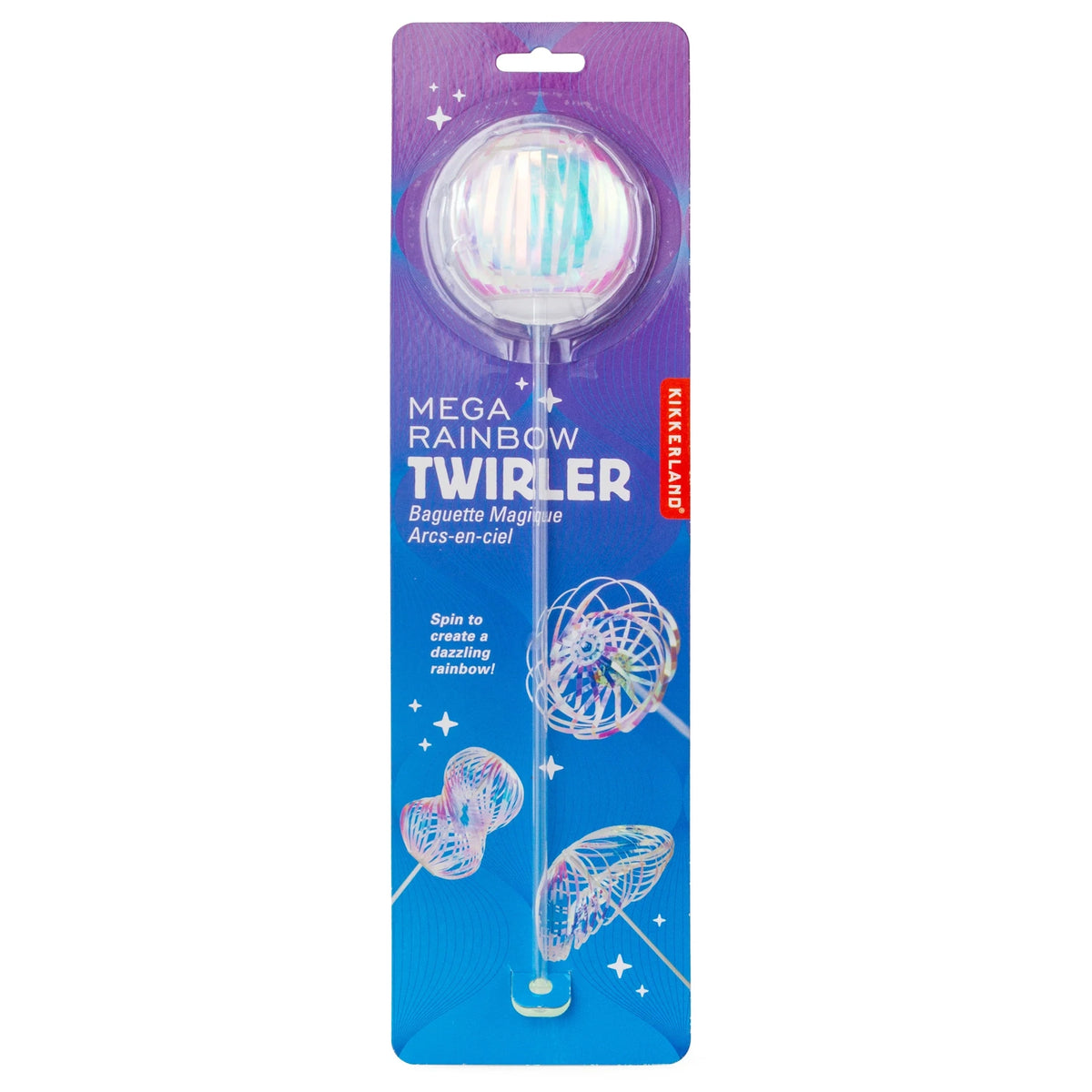 Packaging for the Mega Rainbow Twirler toy by Kikkerland. Features vibrant spiral patterns and text urging users to spin for a rainbow effect. Playful and colorful.