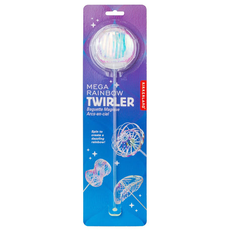 Packaging for the Mega Rainbow Twirler toy by Kikkerland. Features vibrant spiral patterns and text urging users to spin for a rainbow effect. Playful and colorful.