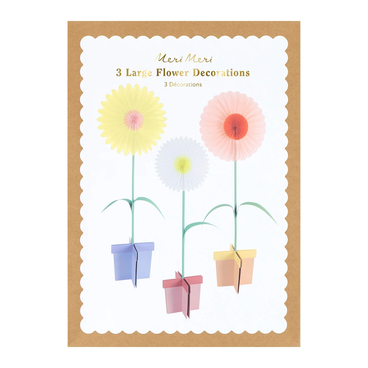 Packaging display for Meri Meri 3 Large Flower Decorations featuring colorful paper flowers on stands.